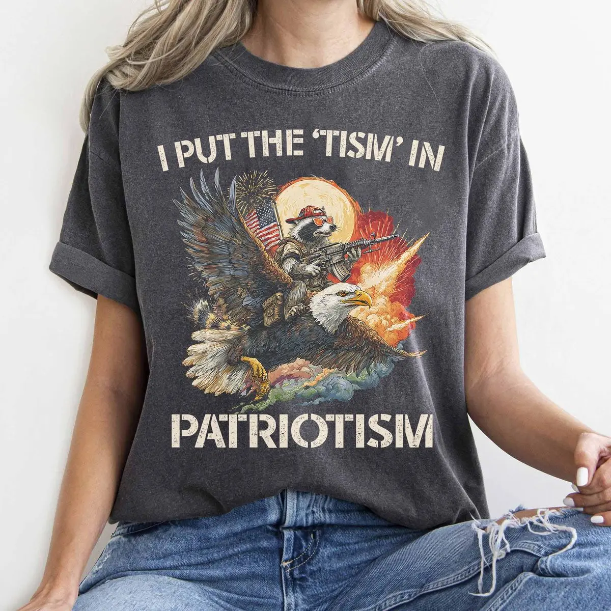 Comfort Colors I Put The “Tism” In Patriotism Eagle Raccoon Shirt, Proud Patriotic Usa Shirt, Autism Awareness Patriotic Tee, Neurodivergent Patriotic Tee, Unisex Fitted Short Sleeve Tee