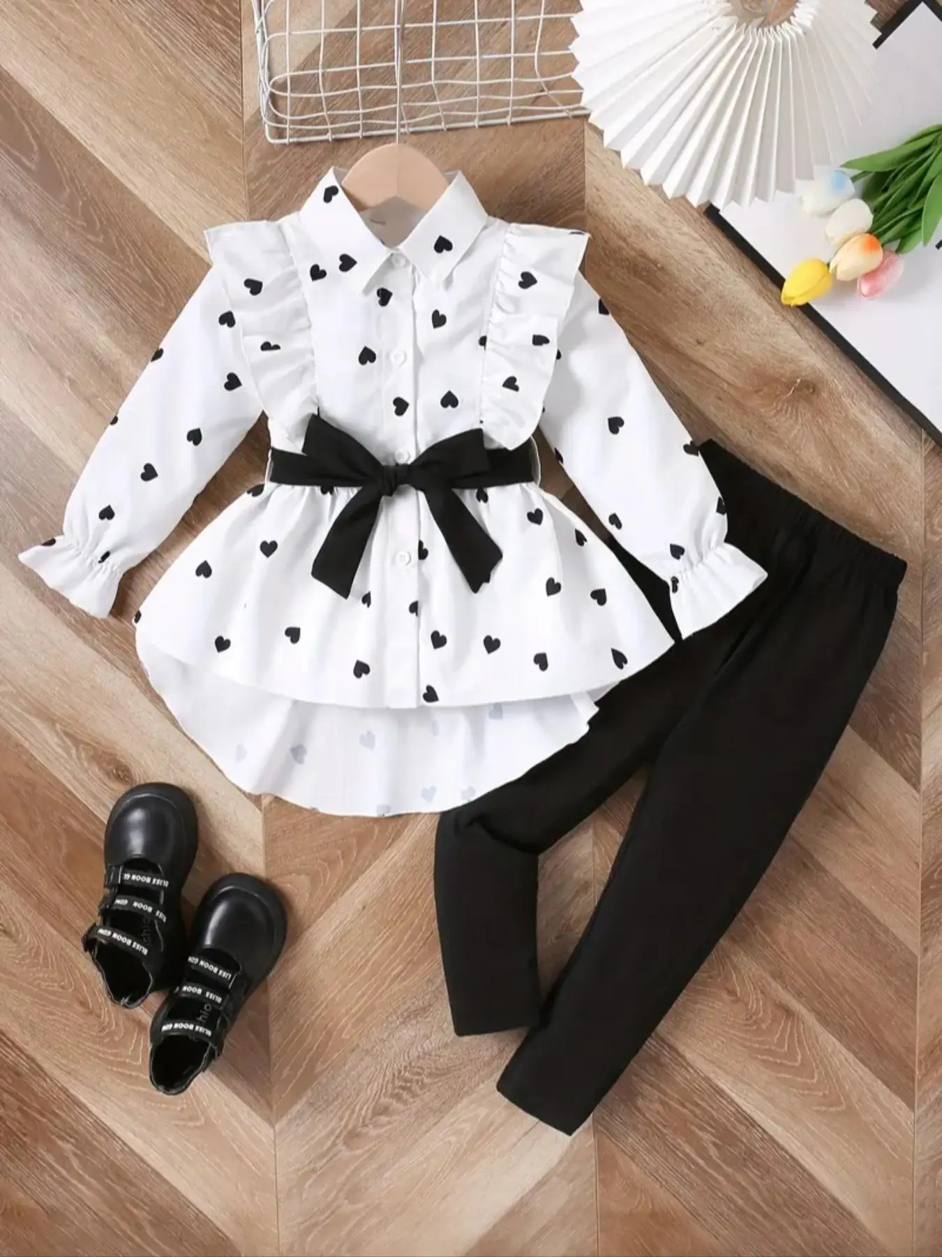 Two-piece Set Girl's Heart Print Button Front Blouse with Belted & Elastic Waist Pants Set, Cute Fun Prints Flounce Sleeve Top & Trousers, Kids Fall &