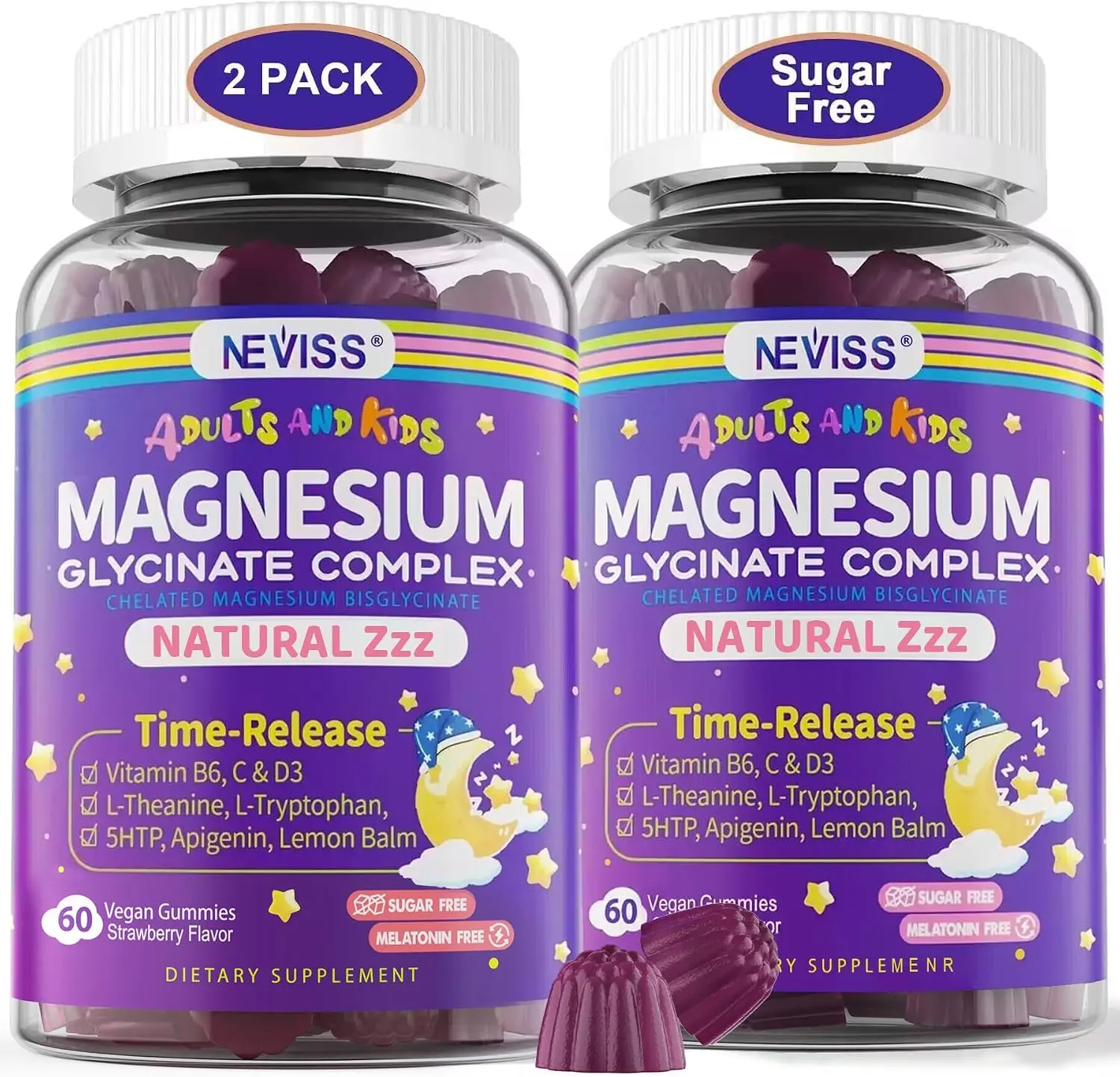 Magnesium Glycinate Gummies for Adults & Kids 4+, Sugar Free Magnesium Bisglycinate Supplement 400/200mg with B6D3, L-Theanine for Sleep & Relaxation, Brain, Muscle, Melatonin Free Gummies,2Pack