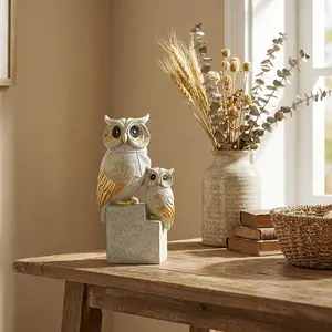 Golden Accent Owl Resin Decor, Textured Sandstone Owl Sculpture, Luxury Living Room Ornament, Handcrafted Owl Family Statue,Entryway Decor