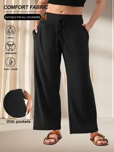 Plus Size Women's High Waist Wide Leg Pants, Comfortable Stretchy Casual Wear, Side Pockets, Perfect for Daily Use & Office