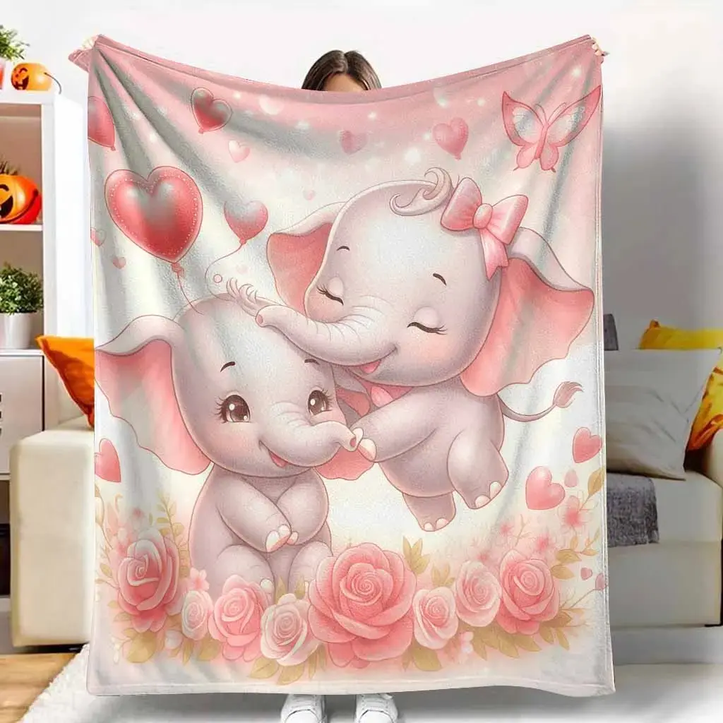 Elephant Love Flannel Blanket, Cute Cartoon Elephant Floral Print, Super Soft, Warm and Cozy, Lightweight, Perfect for Anniversary, Engagement, Wedding, Valentine's Day, Birthday, Couple's Gift, Bedroom, Living Room Decor. tiktokshopspri