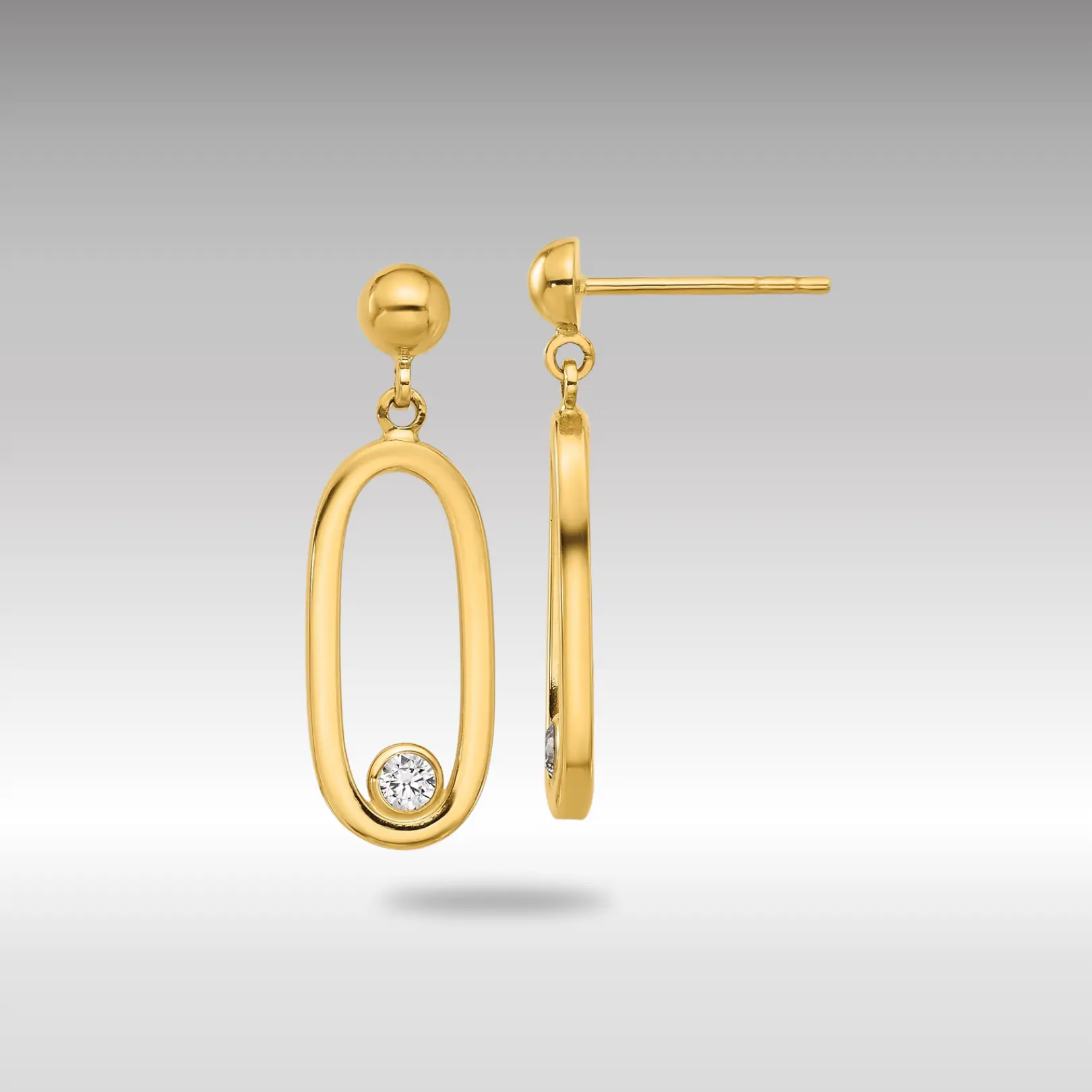 14K Gold Polished CZ Oval Dangle Post Earrings - Model LE2309