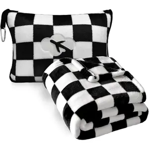 Travel Blanket and Pillow Compact, Premium Soft 2 in 1 Airplane Blanket with Soft Bag Pillowcase，Hand Luggage Sleeve and Backpack Clip (Checkered Black)