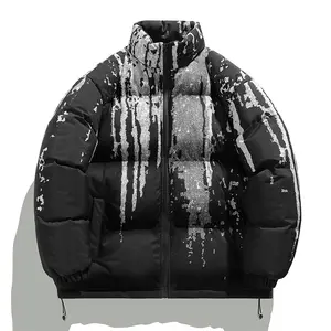Men's Cotton Splash Ink Print Stand Collar Pull-On Winter Jacket - Thick Warmer Top, Unique Drip Design Hip Hop Coat for Casual Streetwear