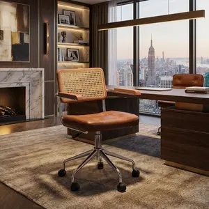 Baliaafurniture Rattan Desk Chair, Best for Summer,Mid Century Modern Swivel Accent Chair No Wheels, Faux Leather Office Chair with Wood Legs, Armchair with Rattan Back for Home Office Living Room Bedroom（green，brown）