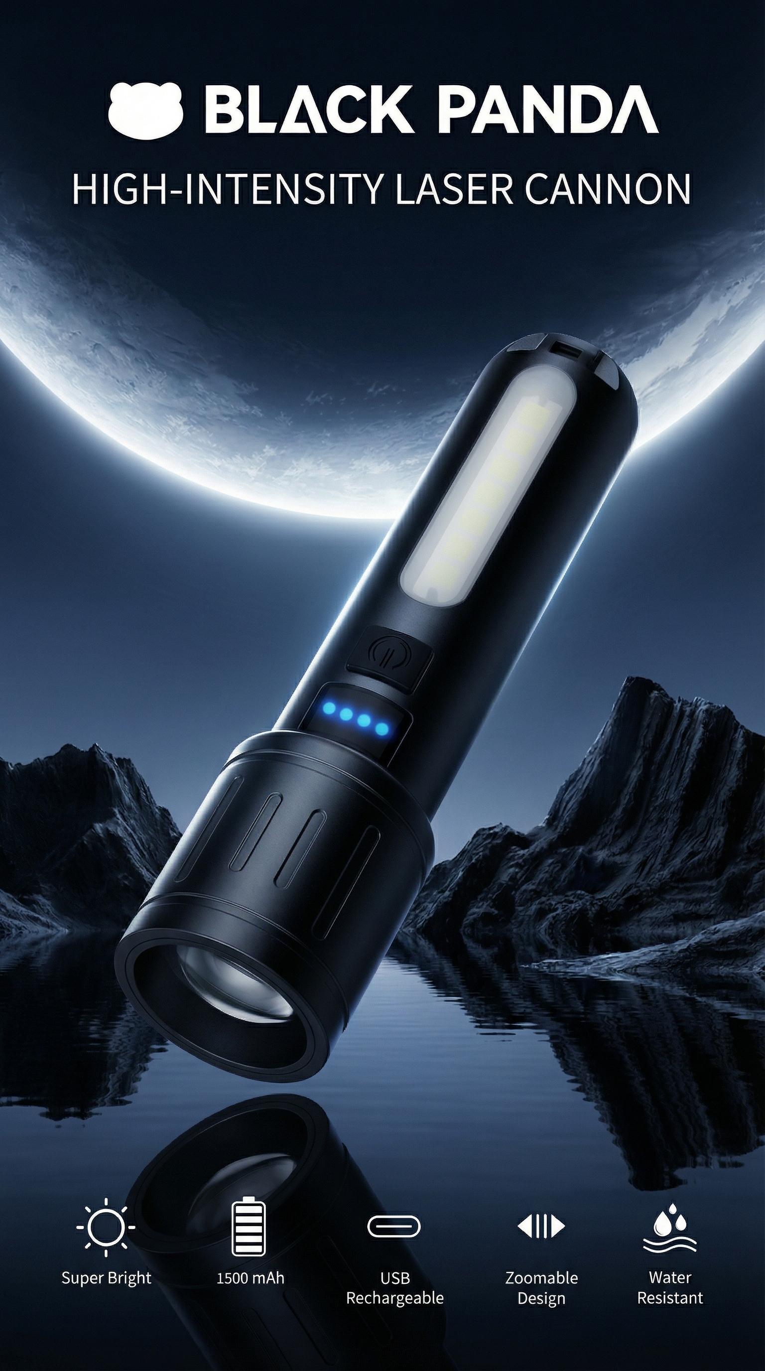 Black Panda Portable Flashlight 500 Lumens 500m Beam Mechanical Zoom  Multiple Modes USB Rechargeable
