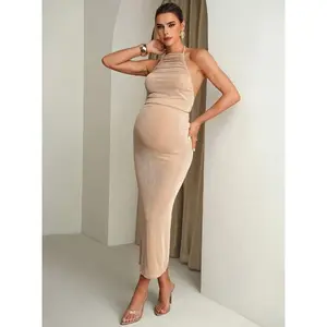 TAMALLA Pregnancy Clothes Maternity Co Ord Set Spring And Summer Pregnant Clothes Apricot-Colored Maternity Two-Piece Set, High Elasticity And Elegant 2pcs/Set Maternity Solid Color Halter Top And Adjustable Waist Skirt, Casual For Outings And Gatherings