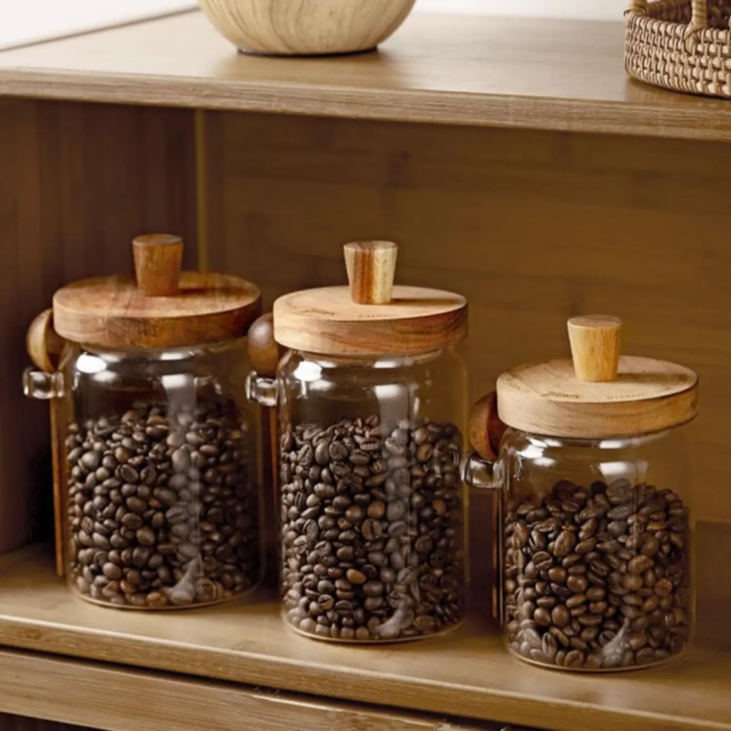 MIUVA Airtight Coffee Jars with Bamboo Wooden Lid & Spoon, 20.3oz Silicone-Sealed Compact Reusable Jars, Transparent Sturdy Storage Containers for Coffee, Tea, Cereal, Spice (Thanksgiving/Christmas Gift)