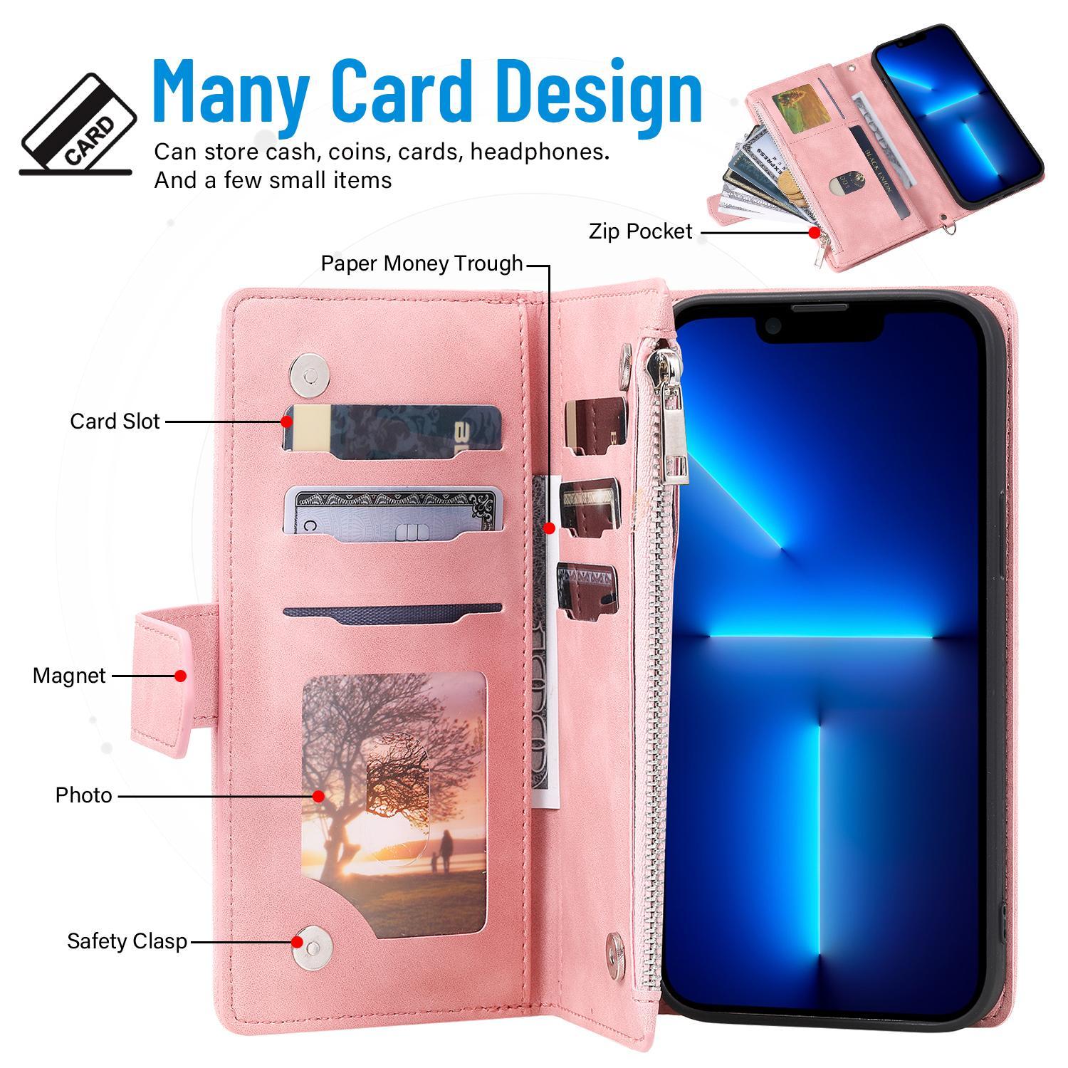 Wallet Case For iPhone 17 16 15 14 13 12 11 Pro Max, PU Leather Phone Case with Card Holder Kickstand & Wrist Strap Cover Magnetic Closure Flip Handbag Zipper Purse Shell for Women Girls