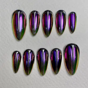 Purple Chrome Press On Nails, Gothic Punk Rock Silver Chrome Fake Nails | Darknailz