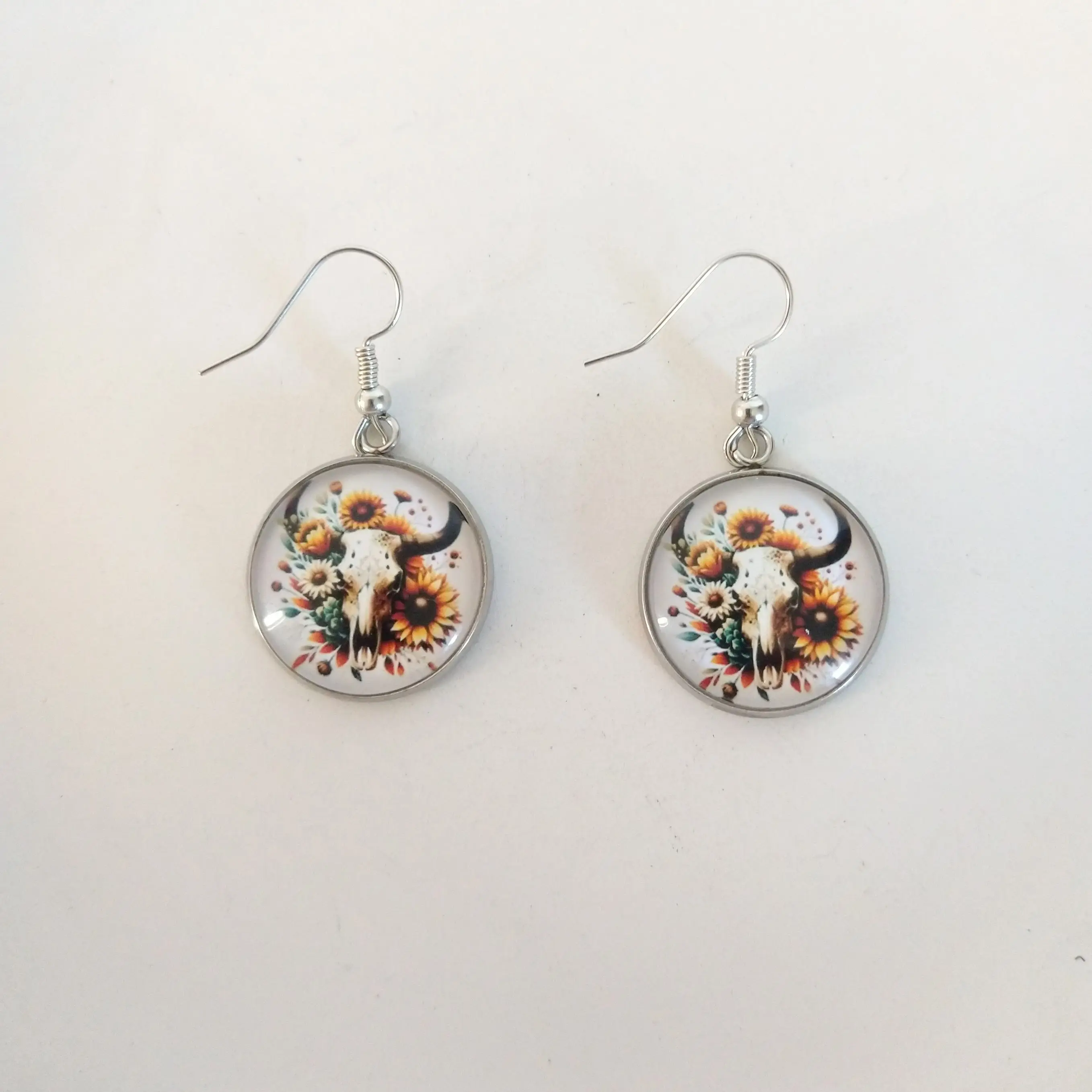 #162 Bull Skull with Sunflowers, White & Blue Flowers Earrings - Stainless Steel Hooks - Casual Western Jewelry