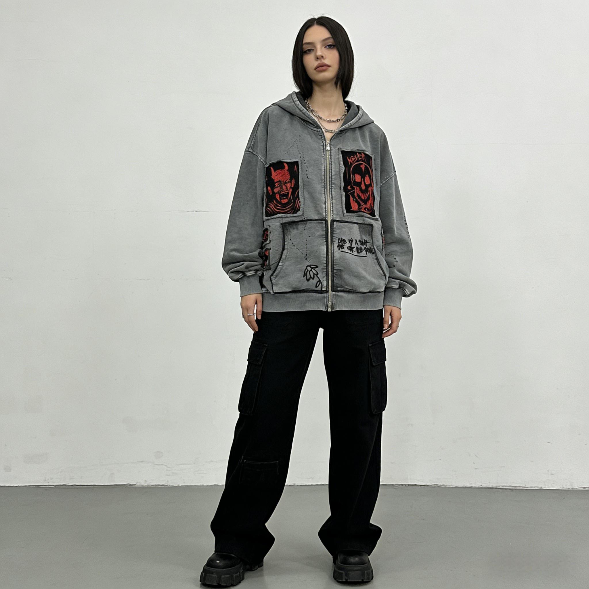 Vintage Washed Grey Oversized Zip Up Hoodie, Gothic Skull Demon Graphic Print Streetwear, Y2K Grunge Embroidered Patchwork Jacket, Punk Harajuku Casual Sweatshirt for Men Women