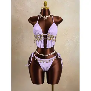 New Sexy Bikini Solid Color Vest Strap Swimsuit Vacation Shell Bikini Summer Call with Fringe and Beads sets