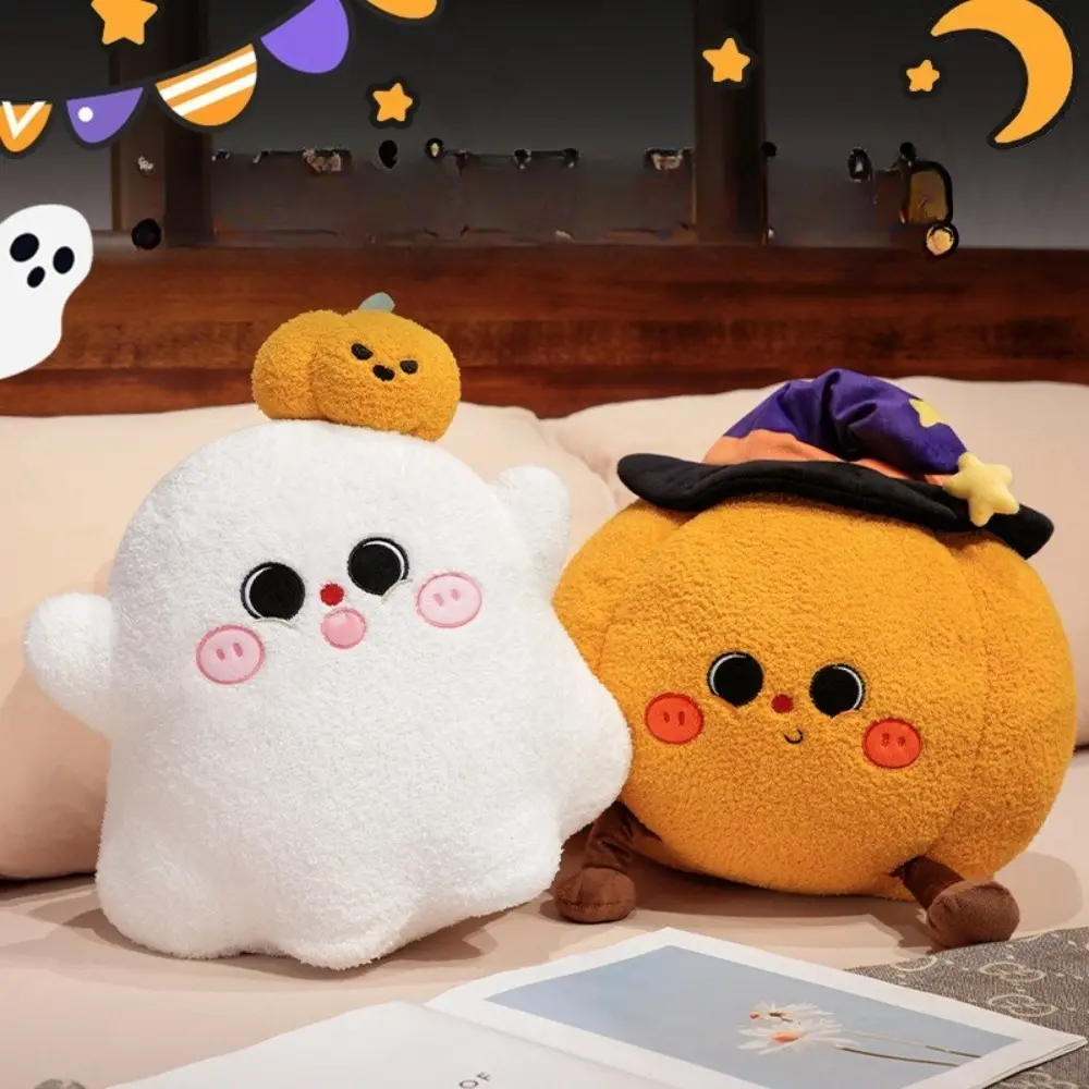 Cute Halloween Ghost & Pumpkin Plush Pillow, Soft Stuffed Cartoon Plush Toy, Holiday Throw Cushion Home Sofa Bedroom Decor Ornament, Halloween Party Gift for Kids Adults
