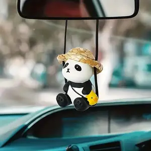 Cute Swinging Panda Car Decor, Adorable Panda with Hat and Flower, Rearview Mirror Hanging Ornament, Vehicle Interior Accessory
