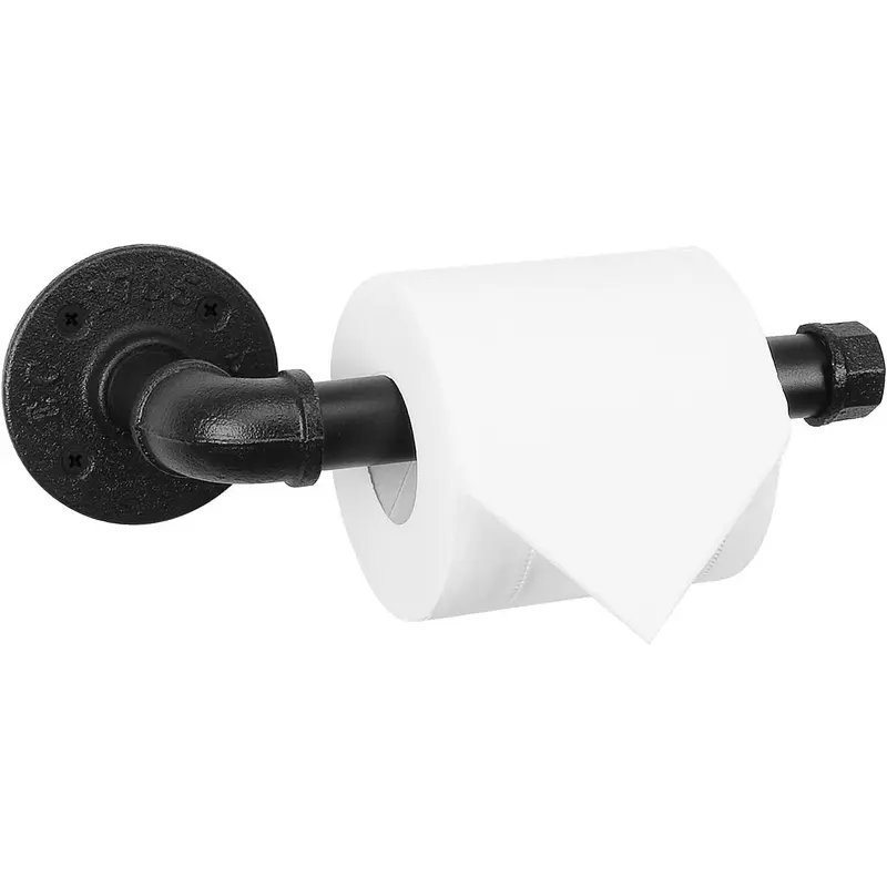 Industrial Pipe Toilet Paper Holder, Heavy Duty DIY Toilet Roll Holder for Bathroom, Living Room and Kitchen,  Rustic Iron Style Rustproof Bath Hardware, Wall Mounted (Black)