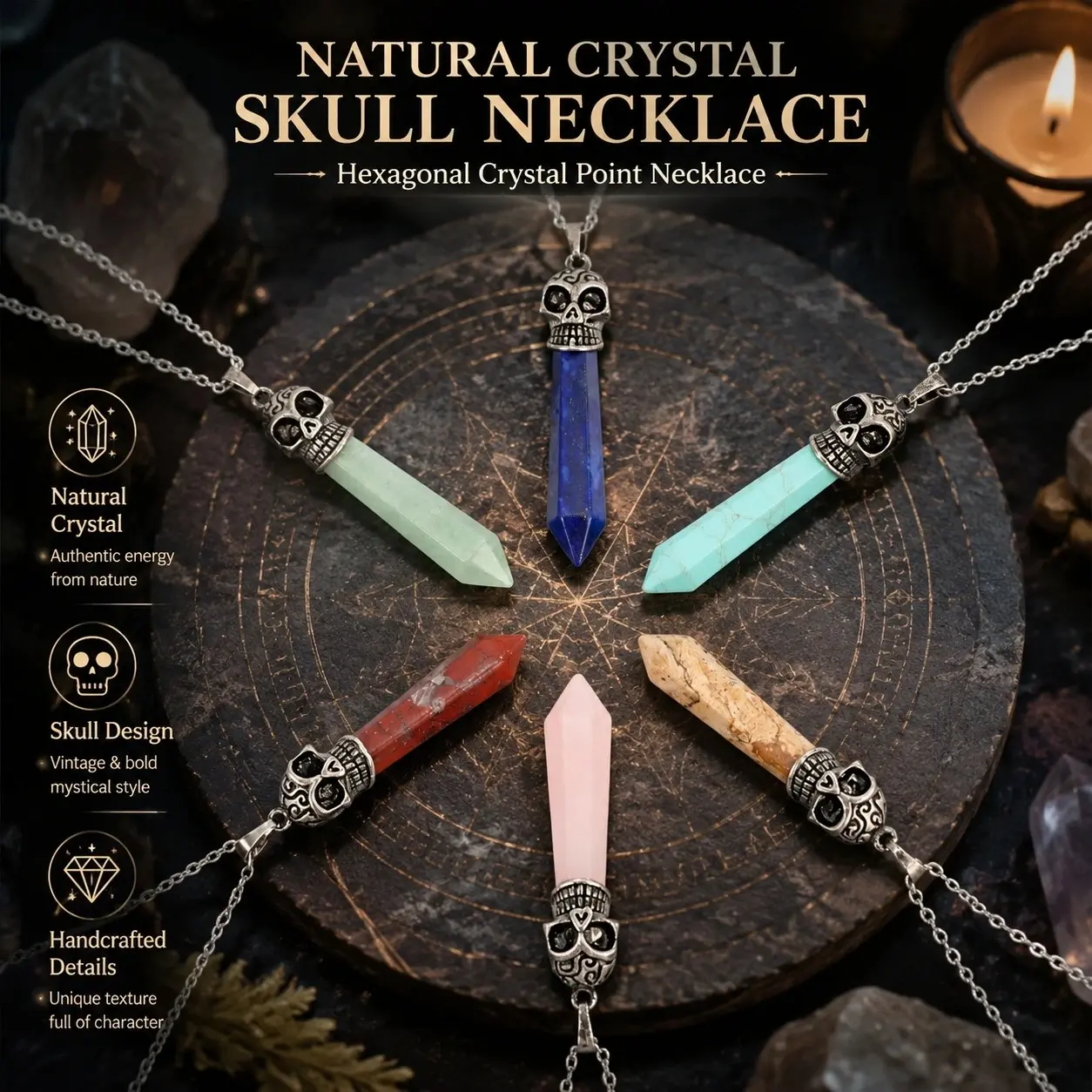Natural Stone Crystal Hexagonal Skull Pendant Necklace - Lapis Lazuli, Amethyst, Rose Quartz, Obsidian Reiki Healing Costume Jewelry, Crystals