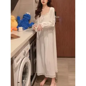 Women's Spring and Autumn New Pajamas Long Sleeve Solid Lace Bordering Sexy Loose Medium to Long Fashion Home Clothes Pajamas