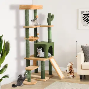 DWVO Tall Cactus Cat Tree Tower with Self-Grooming Brush, 60/73 in Cute Cat Climbing Tower for Indoor Cats with Cat Condo, Top Perch, Basktet, Sisal Scratching Posts and Board,Toy Balls