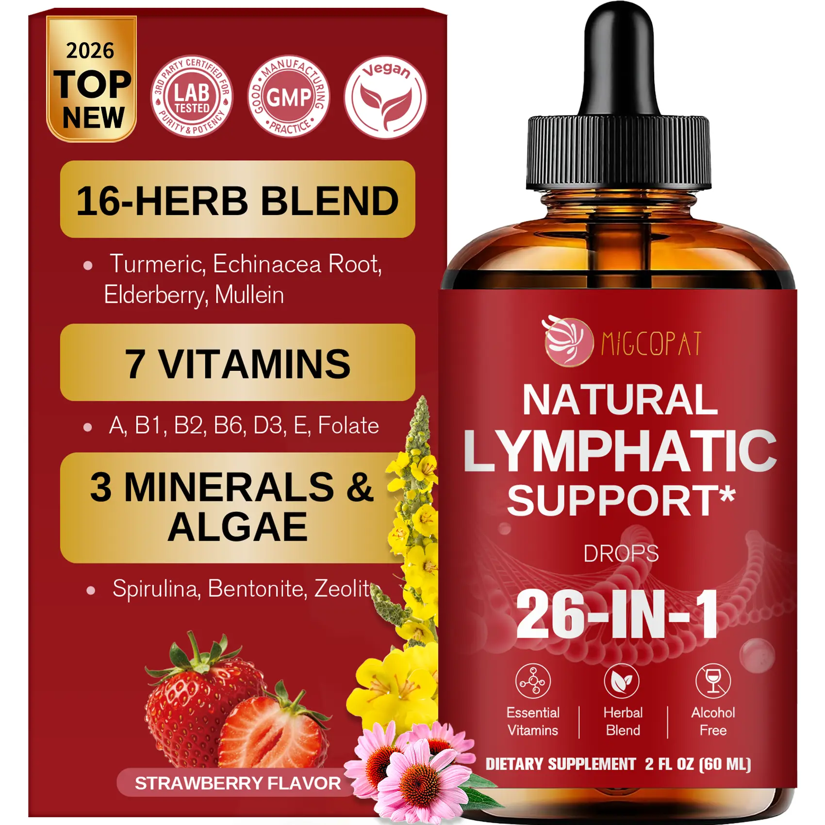 Migcopat 26-in-1 Liposomal Lymphatic Drainage Drops with Turmeric,Echinacea | Vitamins, Dandelion, Zeolite, Vegan, Alcohol-Free, Strawberry Flavor, 2 fl oz