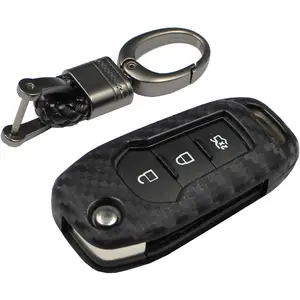 Soft Silicone Rubber Carbon Fiber Texture Case Key Fob Cover for Ford EcoSport Escort Explorer F-150 F-250 F-350 F-450 F-550 Super Duty Mondeo Ranger Titanium Flip Car Remote Key - Black