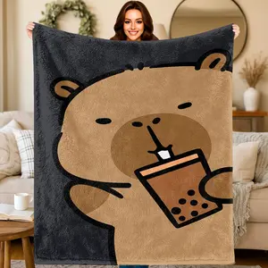 [Cozy Capybara Blanket] Cozy Capybara Plush Blanket | Cute Capybara & Boba Tea Print, All-Season Soft Throw for Bed, Sofa, Camping - Machine Washable Capybara Bedspread, Skin-friendly, soft, lightweight and breathable