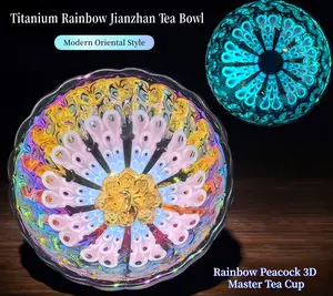 Handmade Jianzhan Master Tea Cup for Tea Ceremony, 3D-Inlaid Peacock Feathers, Rainbow Iridescent Glow Effect, Wavy Rim, Titanium Glaze, Gilded Collectible Cultural Item