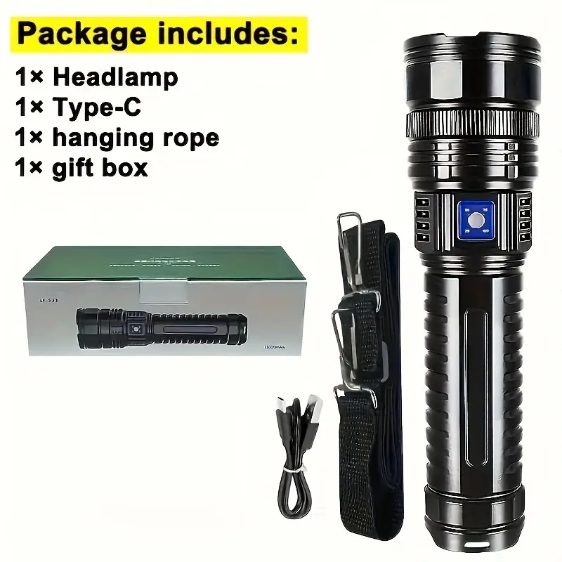Super Bright LED Functional Torch - COB Light, Built-in High-Capacity Lithium Battery, Durable for Outdoor Camping, Fishing, Large Flashlight, Led Flashlight Torches, Hiking / Light Outdoor, Portable Edc