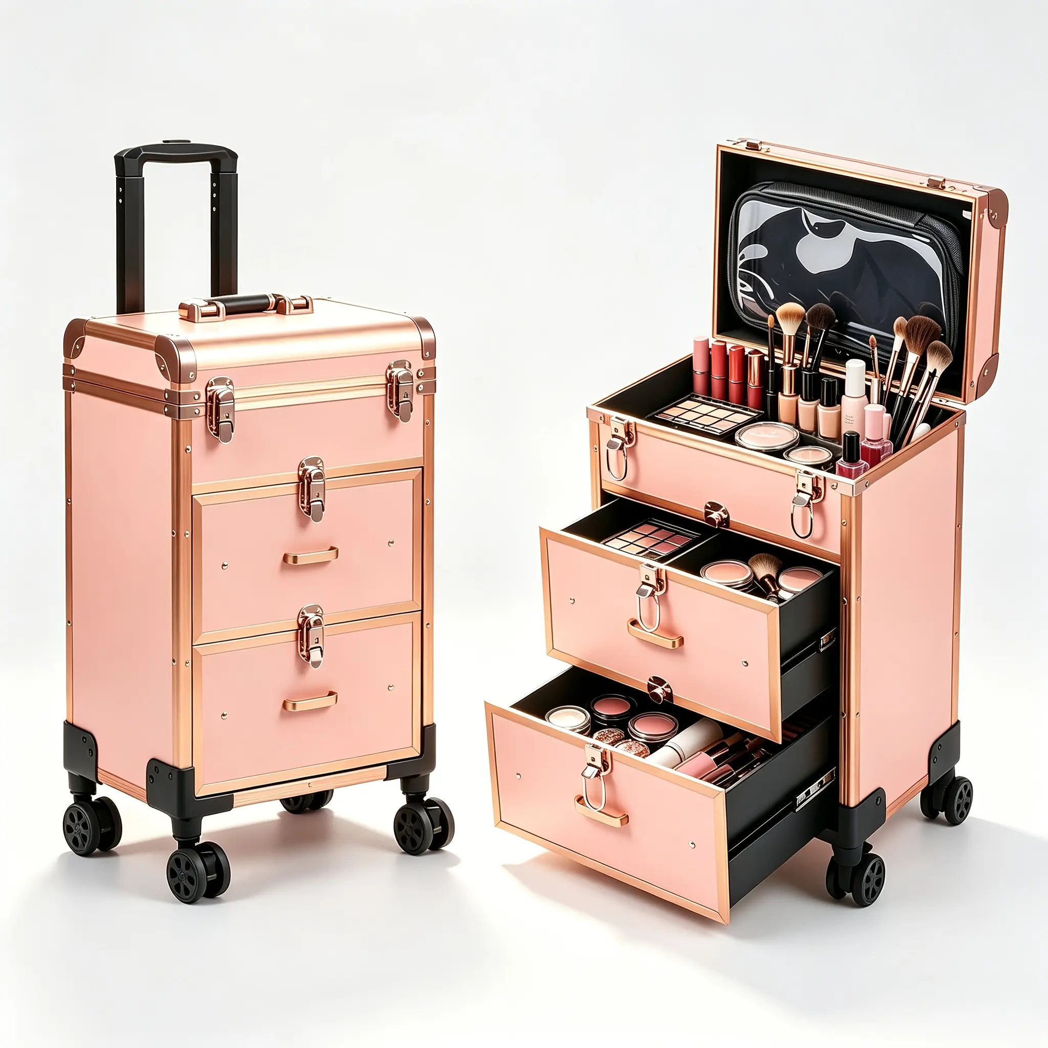 KEEYOTEK Rose Gold Large Rolling Makeup Trolley Case, Mobile Vanity Cosmetic Carrier with Wheels, Household Makeup Display Station for Artists & Daily Use