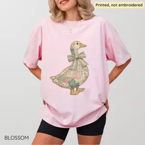 Comfort Colors Faux Patchwork Grandmacore Goose T-Shirt (Printed Not Embroidered), Easter Graphic Tee, Floral Retro Coquette Duck Shirt, Cottagecore Gingham Spring Top