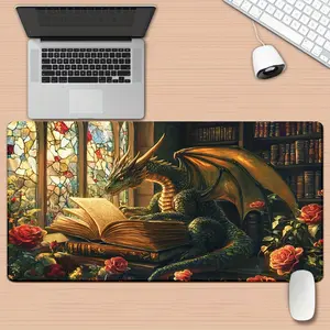 Free ExpressFree Express1pc XXL Dragon in Flower Forest Gaming Desk Mat & Mouse Pad - Non-Slip Rubber Base, Large Office Computer Desk Mat with Stained Dragon & Bookshelf Design, Fantasy Themed Decor Suitable for Home or Office Setup, Durable Desk Pad