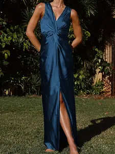 Women's Elegant Satin Deep V-Neck Twist Front Sleeveless Maxi Dress, Front Slit Wedding Guest Evening Party Dress, Solid Color
