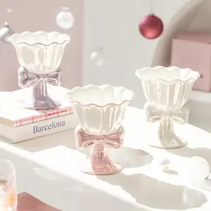 Cute Bowknot Ceramic Tall Sweet Cup, Strawberry Milk Color Wavy Edge Ice Cream Sundae Cup, Girl Heart Afternoon Tea Snack Bowl