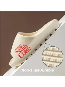 The pattern on the coconut slippers features the classic red text "things go better with Coke" against a black background. These Coke-themed coconut slippers combine comfort and iconic branding, p