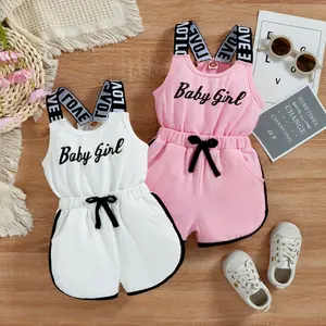 Chic Summer "Baby Girl" Print Romper for Toddler Girls - Black with White Lettering, Stretchy Polyester Blend, Easy-Care, Round Neck, Casual Style with Contrast Trim & Adjustable Straps - Perfect for Outings, Perfect for Outdoor