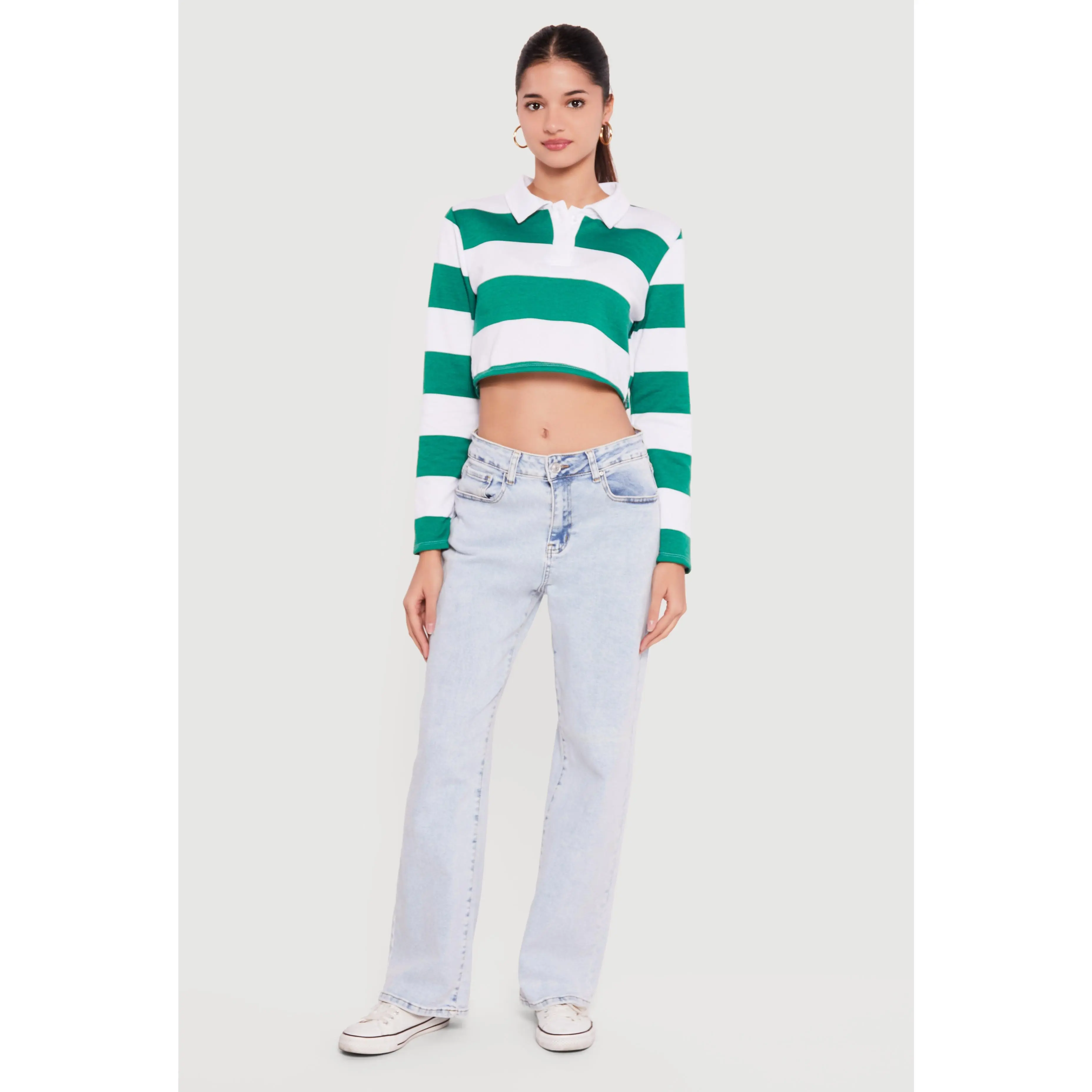 Almost Famous Striped Long Sleeve Cropped Polo Top