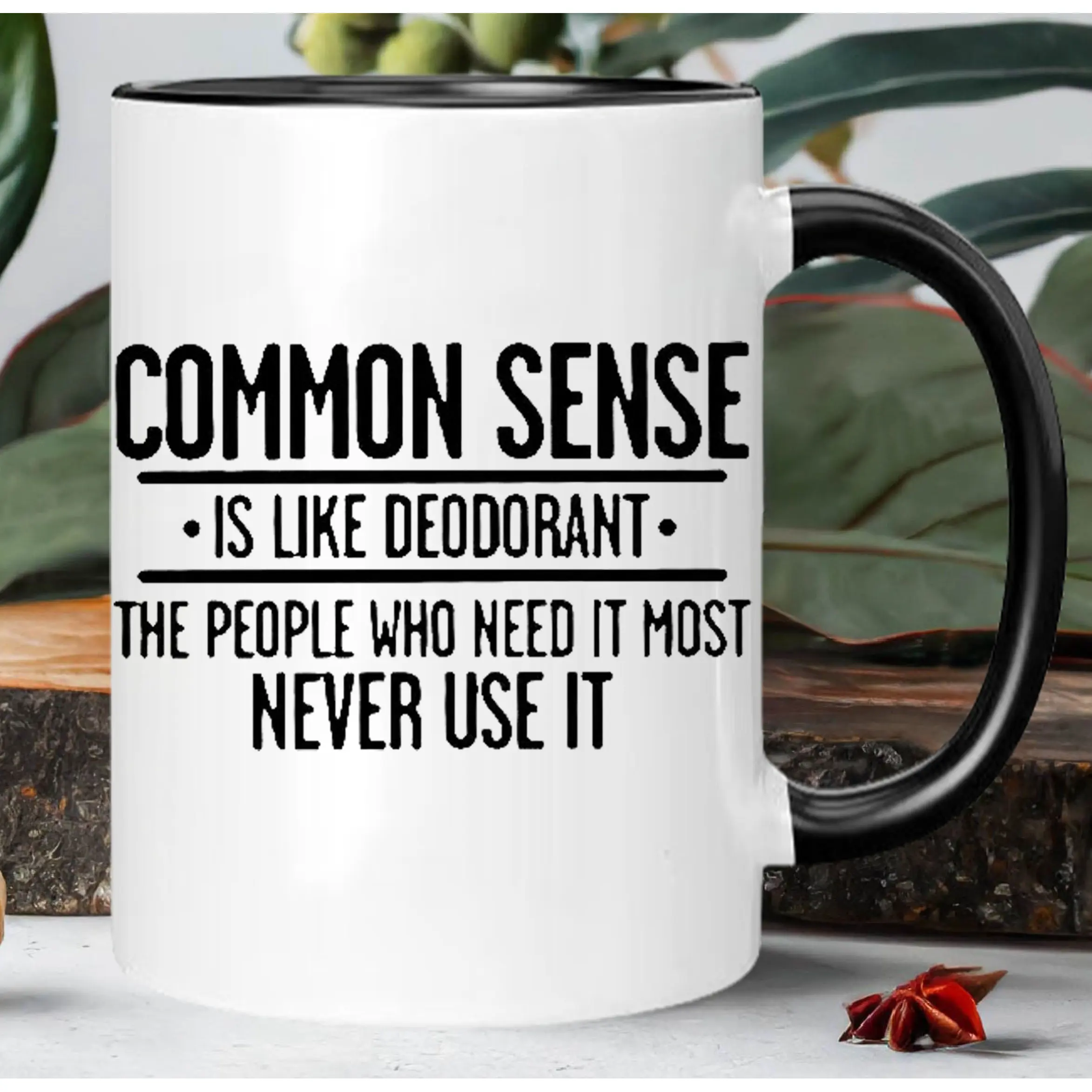 Common Sense Deodorant Quote Ceramic Mug - Insulated Reusable Coffee Cup with Humorous Saying, White & Black Design, Hand Wash Only, Multipurpose Gift for Men & Women
