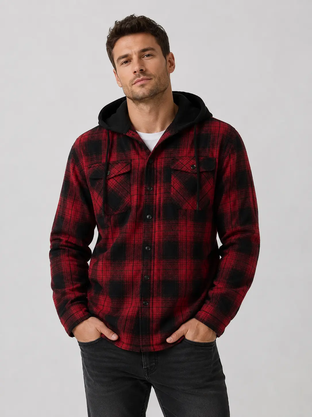 ZITY Men's Classic Red Checkered Polyester Long Sleeve Button-Up Hooded Flannel Sweatshirt - Ultra Soft Chic Menswear Workwear with Pocket, Lightweight Casual Plaid Top for Spring Outdoors Use