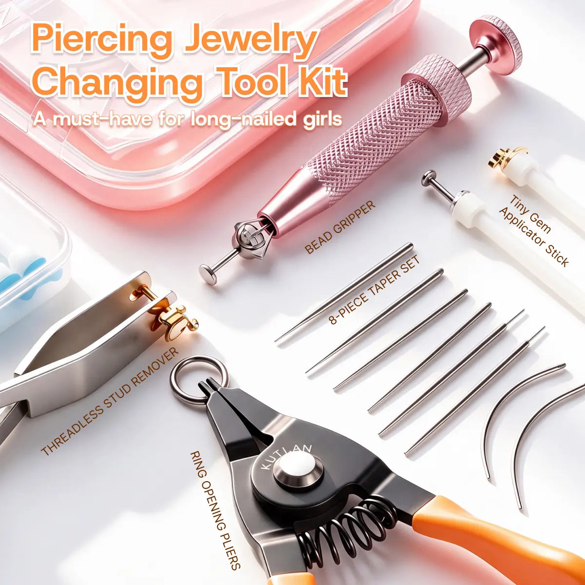 Kutlan Body Jewelry Changer Kit - 9 Tools Set( 14G/16G/18G/20G Insertion Tapers), Bead Gripper, Ring Opening Pliers, Threadless Jewelry Tweezers & Adhesive Stick Set for Nose, Ear, Lip Piercings