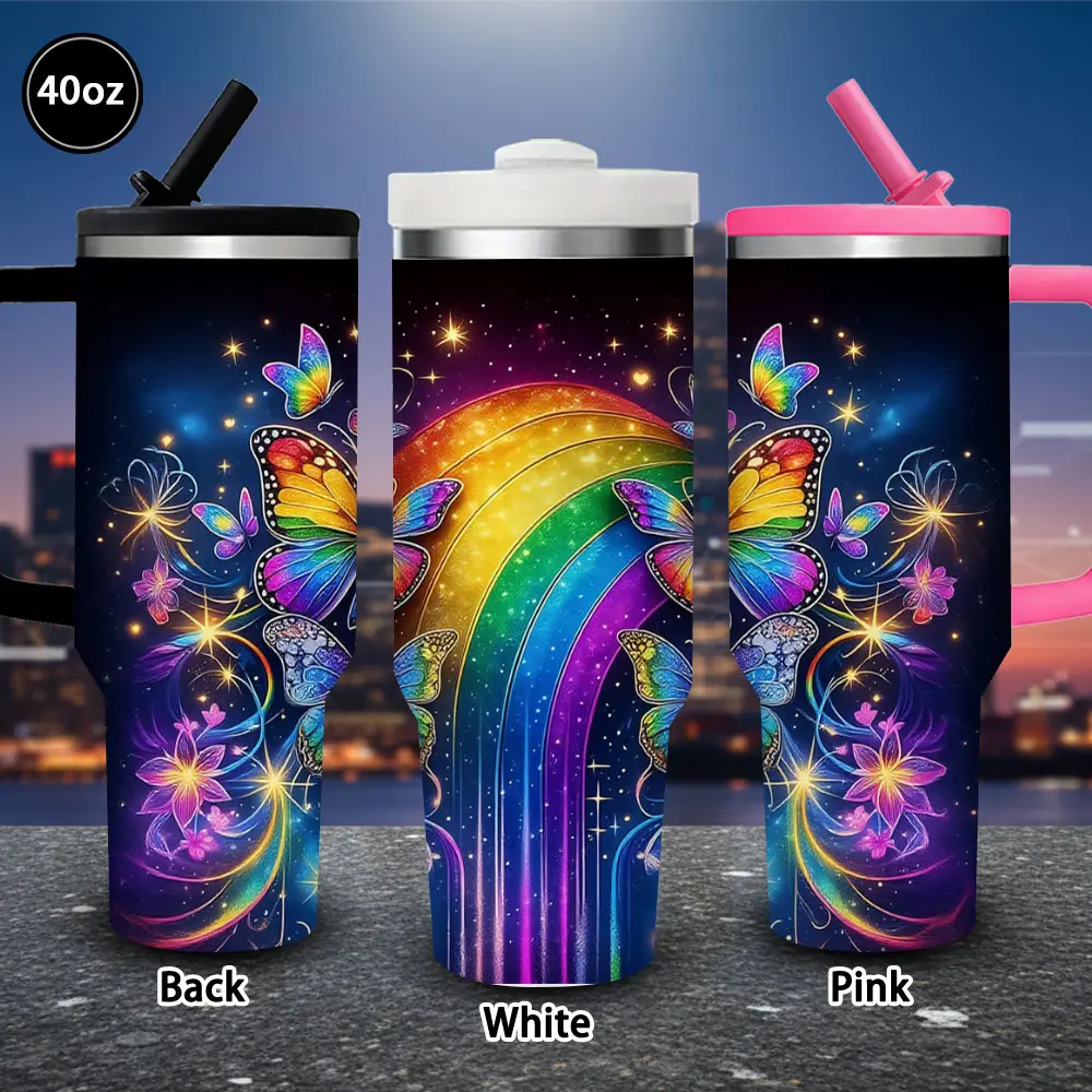 40oz Insulated Rainbow Butterfly Tumbler with Lid and Straw - 1-Pc Vacuum Flask Coffee Mug, 1,000-2,000 ml Winter Travel Drinkware, Ideal Easter/Gifts for Women (Kitchenware)