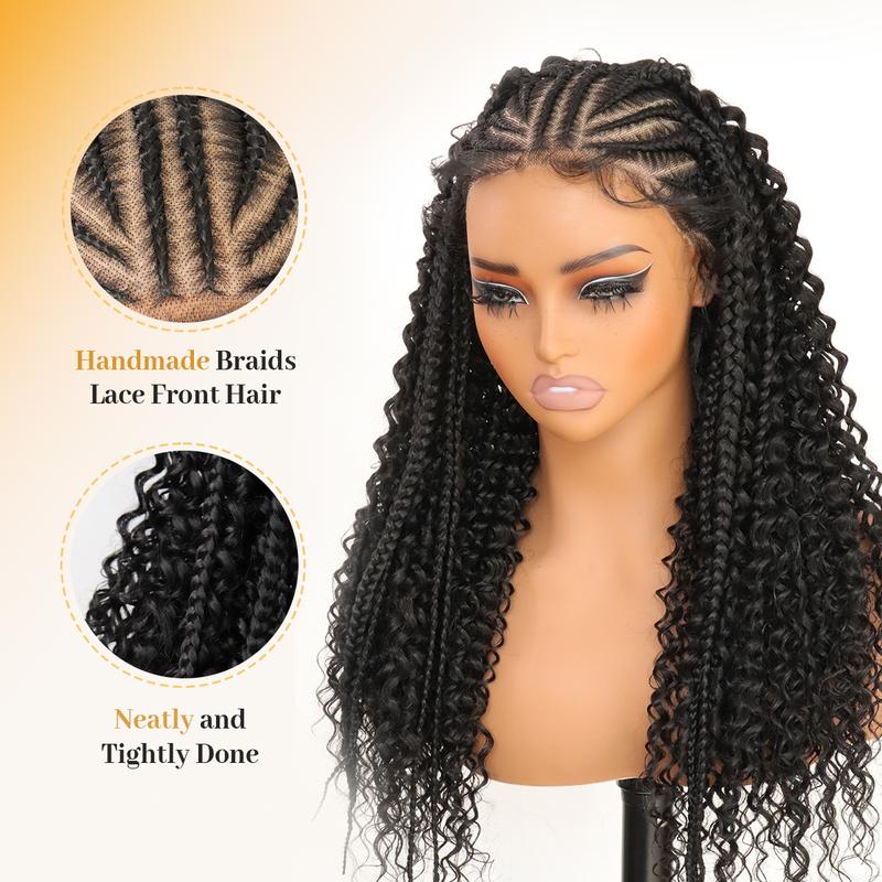 13X6 HD Lace Frontal Half Braided Curly Wigs Synthetic Half-Cornrows Half-Curly Wig with Baby Hair Pre Styled Braid Wigs