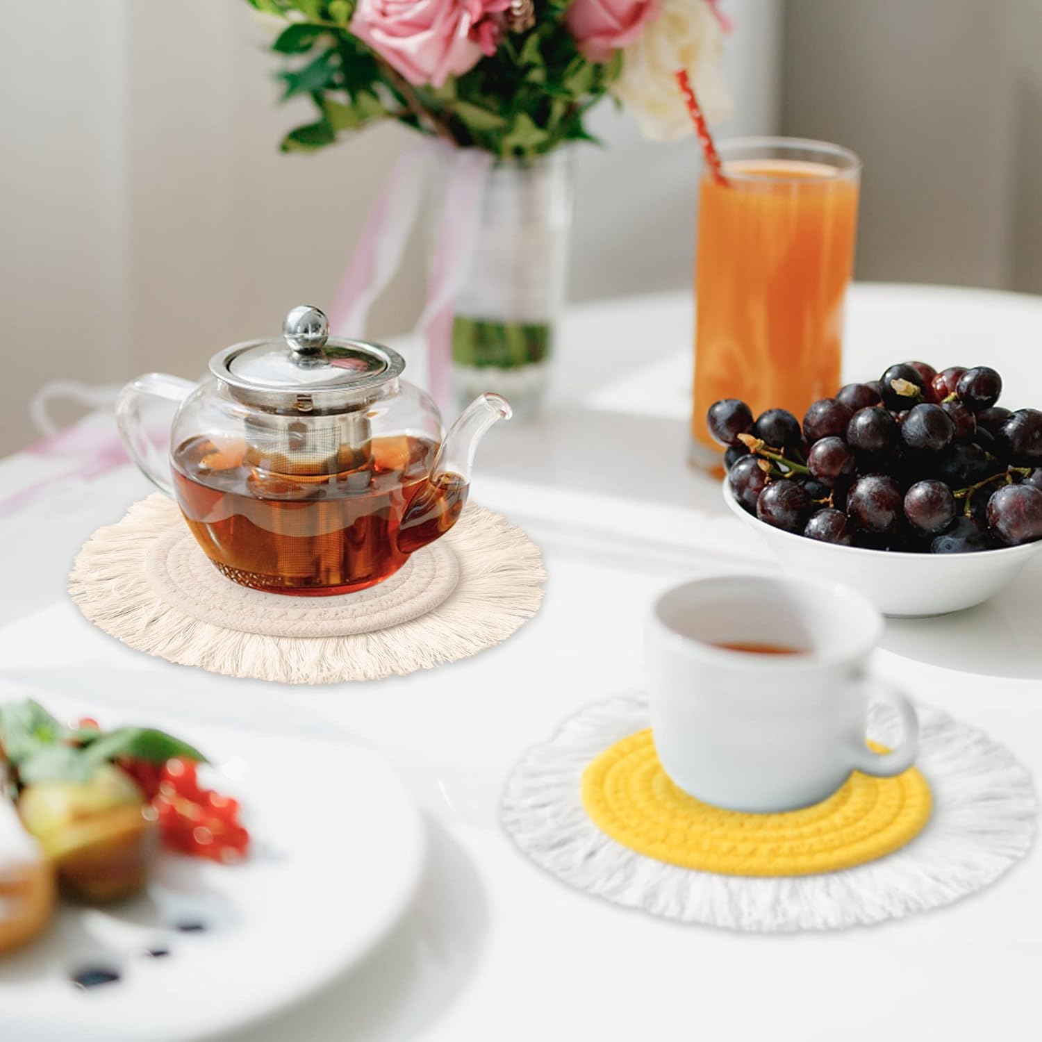 4Pcs Cotton Trivets Pot Holders for Kitchen Heat Resistant Hot Mats with Tassel Hand Woven Potholder Rustic Boho Style Farmhouse Home Decor Washable Hot Pads for Baking and Cooking 7.7"