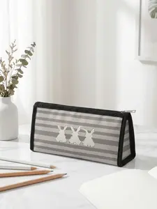 1 piece of striped and white rabbit pattern 2D printed Easter limited edition pencil case, ergonomic triangular capacity for easy carrying|Perfect for students to use in class or office for organizing, blending festive atmosphere with practicality