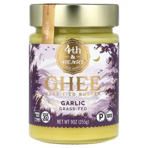 4th & Heart Ghee Clarified Butter, Grass-Fed, Garlic, 9 oz (255 g)
