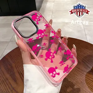 Phone Case for iPhone 16 Plus 15 Pro Max 14 13 12 11 Pink Skull Pattern Non-Yellowing Shockproof Soft Silicone Transparent Cover
