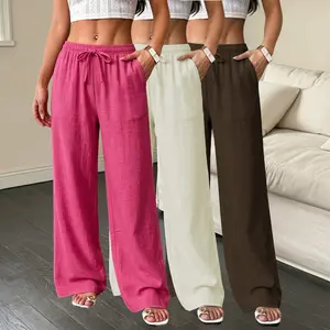 Women’s 3-piece set: lightweight, soft casual pants with an elastic waistband and drawstring, wide legs with side pockets—ideal for summer and perfect for everyday wear or vacations.