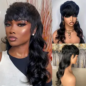 Pixie Cut Wig with Long Deep Wave Synthetic Hair and Bangs, Beginner-Friendly Mullet Style Wig