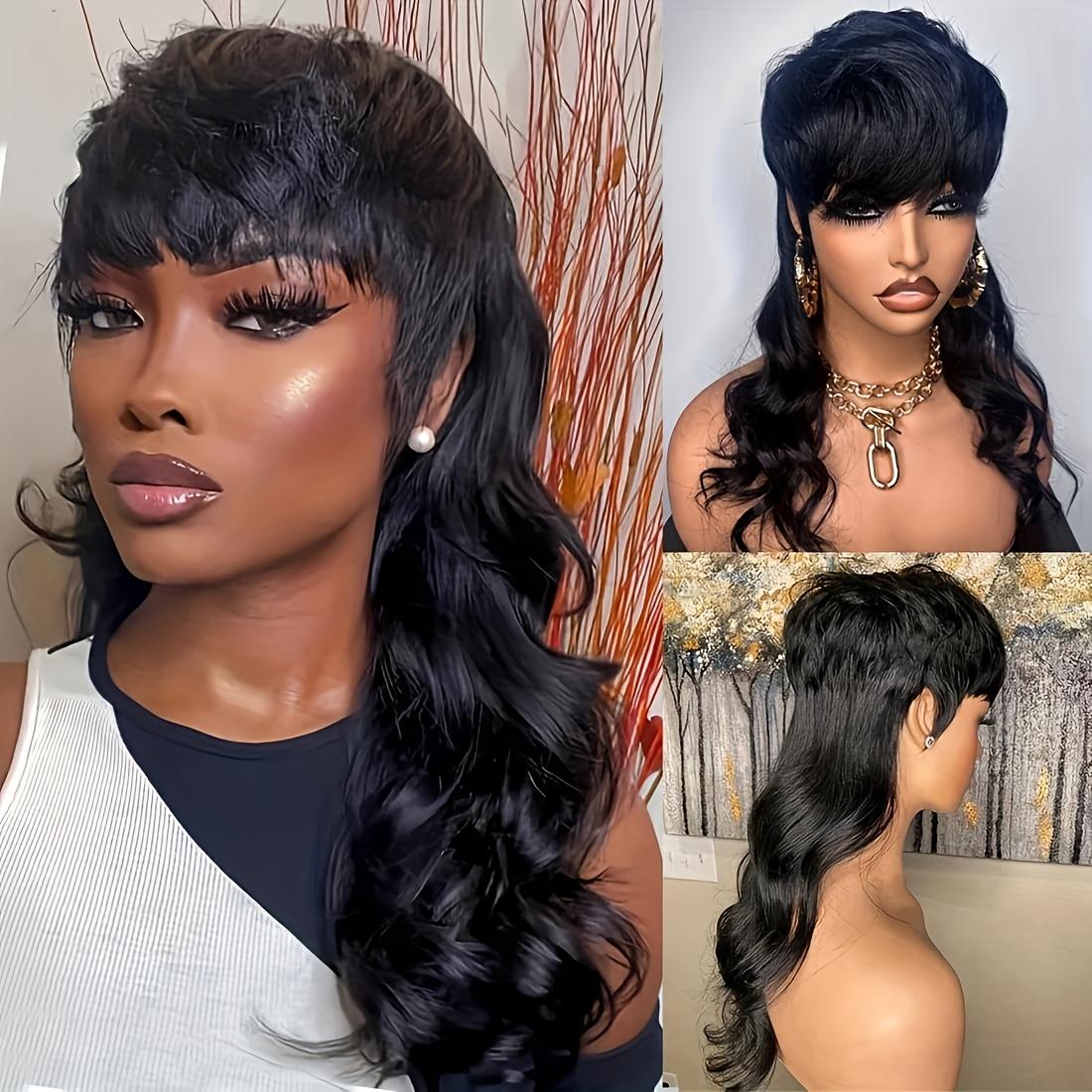 Pixie Cut Wig with Long Deep Wave Synthetic Hair and Bangs, Beginner-Friendly Mullet Style Wig