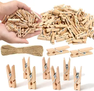 1.35 Inch Mini Clothes Pins for Photo【100 Pcs】 with 32 Feet Jute Twine，Mini Clothes Pins for Crafts,Wooden Small Clothes Pins for Pictures,Tiny Decorative Clothespins for Baby Shower(Natural Color)